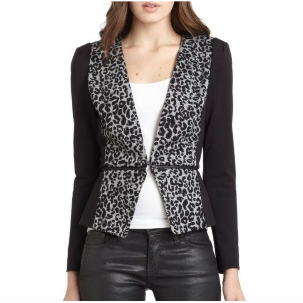 Rebecca Taylor Black Animal Print Zip Waist Blazer Jacket Size 0 Tailored